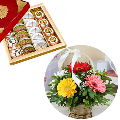 "Kaju Assorted Sweets - 1kg , Flower basket - Click here to View more details about this Product